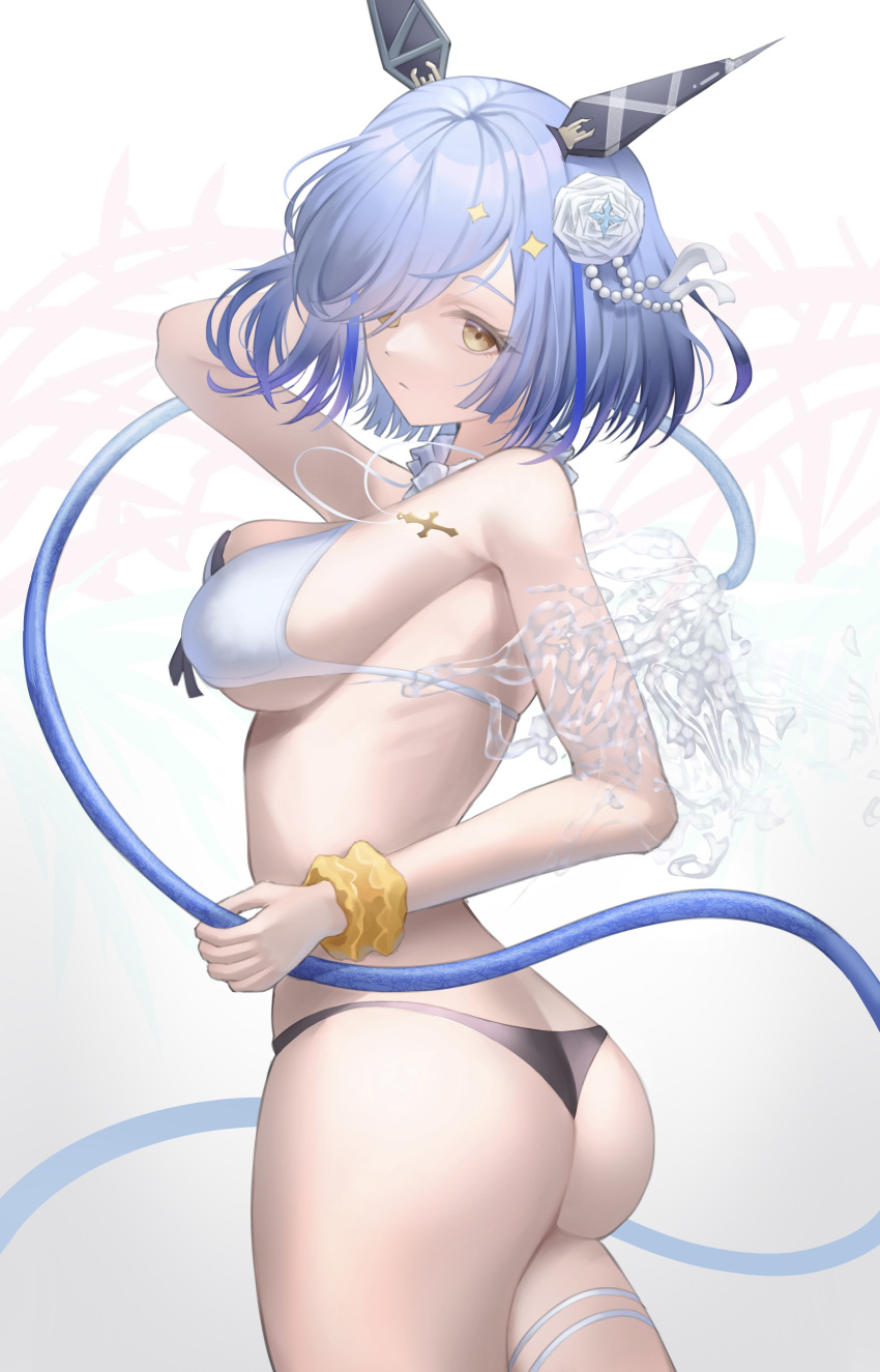 1girl absurdres ass azuma_(sospower73) azur_lane bikini blue_hair breasts cowboy_shot cross cross_necklace flower from_behind gascogne_(azur_lane) gascogne_(tropical_environs_acclimation_service_equipment)_(azur_lane) hair_flower hair_ornament highres hose jewelry looking_at_viewer looking_back medium_hair necklace official_alternate_costume scrunchie simple_background small_breasts solo swimsuit two-tone_bikini water white_background white_flower wrist_scrunchie yellow_eyes