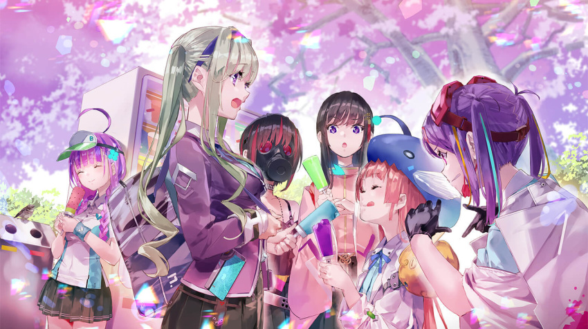 6+girls :q ahoge black_gloves black_hair black_skirt blue_ribbon cherry_blossoms choker closed_eyes date_akari eyewear_on_head fish fish_hat food gas_mask gloves green_hair hair_ornament heaven_burns_red ishii_iroha jacket long_hair mask mikoto_fubuki mizuhara_aina multicolored_hair multiple_girls murohushi_risa nikaidou_misato outdoors pink_hair pink_theme popsicle purple_eyes purple_hair purple_jacket red_hair ribbon sidelocks skirt sportswear streaked_hair team_31d_(heaven_burns_red) tennis_uniform tongue tongue_out twintails volleyball wristband