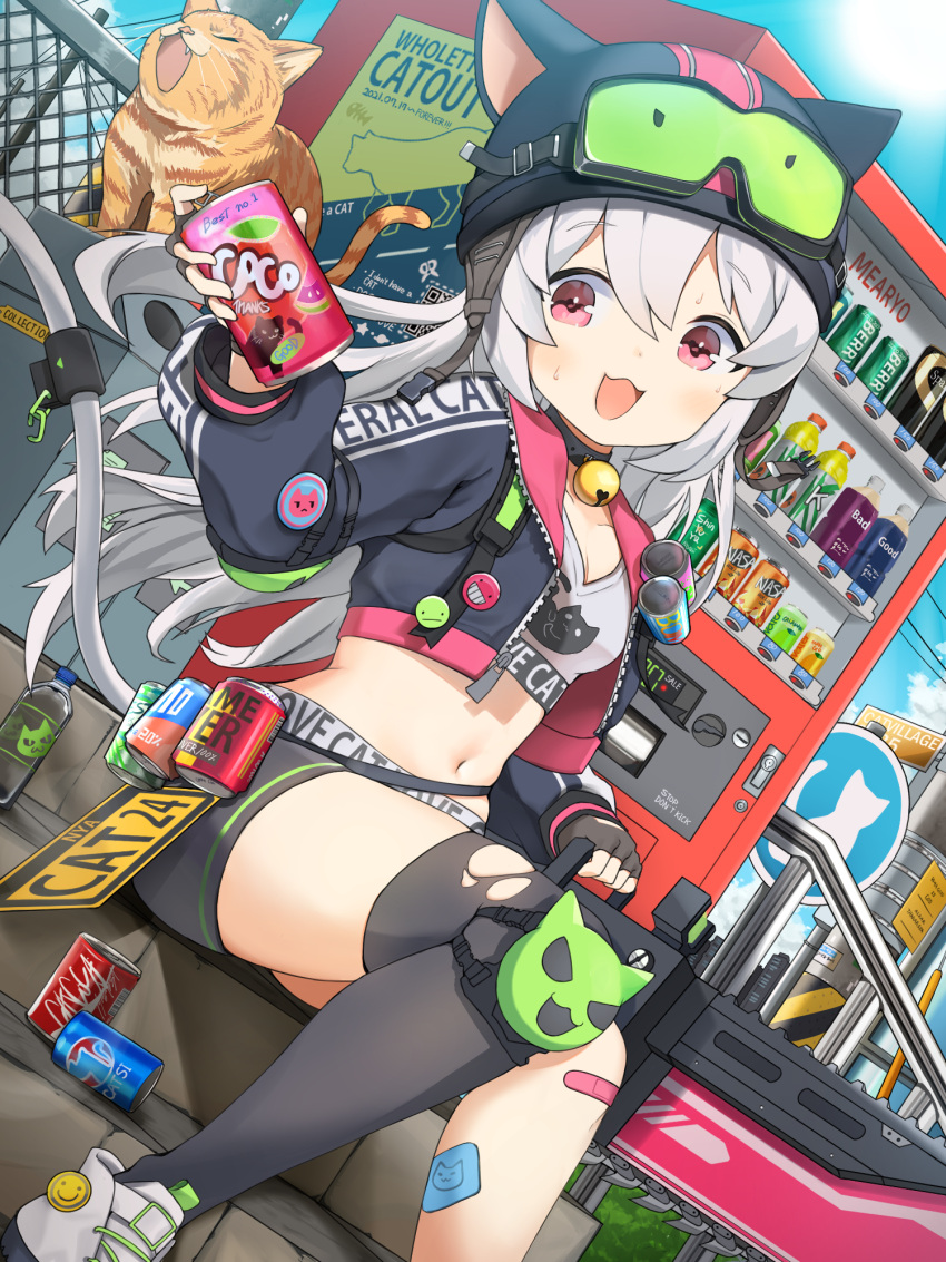 1girl :3 animal animal_ear_headwear animal_ears animal_ears_helmet badge bandaid bandaid_on_leg bell blush breasts button_badge can cat cat_ears cat_girl cat_helmet cat_tail collar cropped_hoodie cropped_jacket day goggles goggles_on_headwear highres holding holding_can hood hoodie knee_pads long_hair long_sleeves mearyo midriff navel neck_bell open_mouth original outdoors pink_hair plastic_bottle recycle_bin shoes shorts single_knee_pad single_thighhigh sitting sky small_breasts smile smiley_face sneakers solo sports_bra stairs sweat tail thighhighs vending_machine very_long_hair white_hair