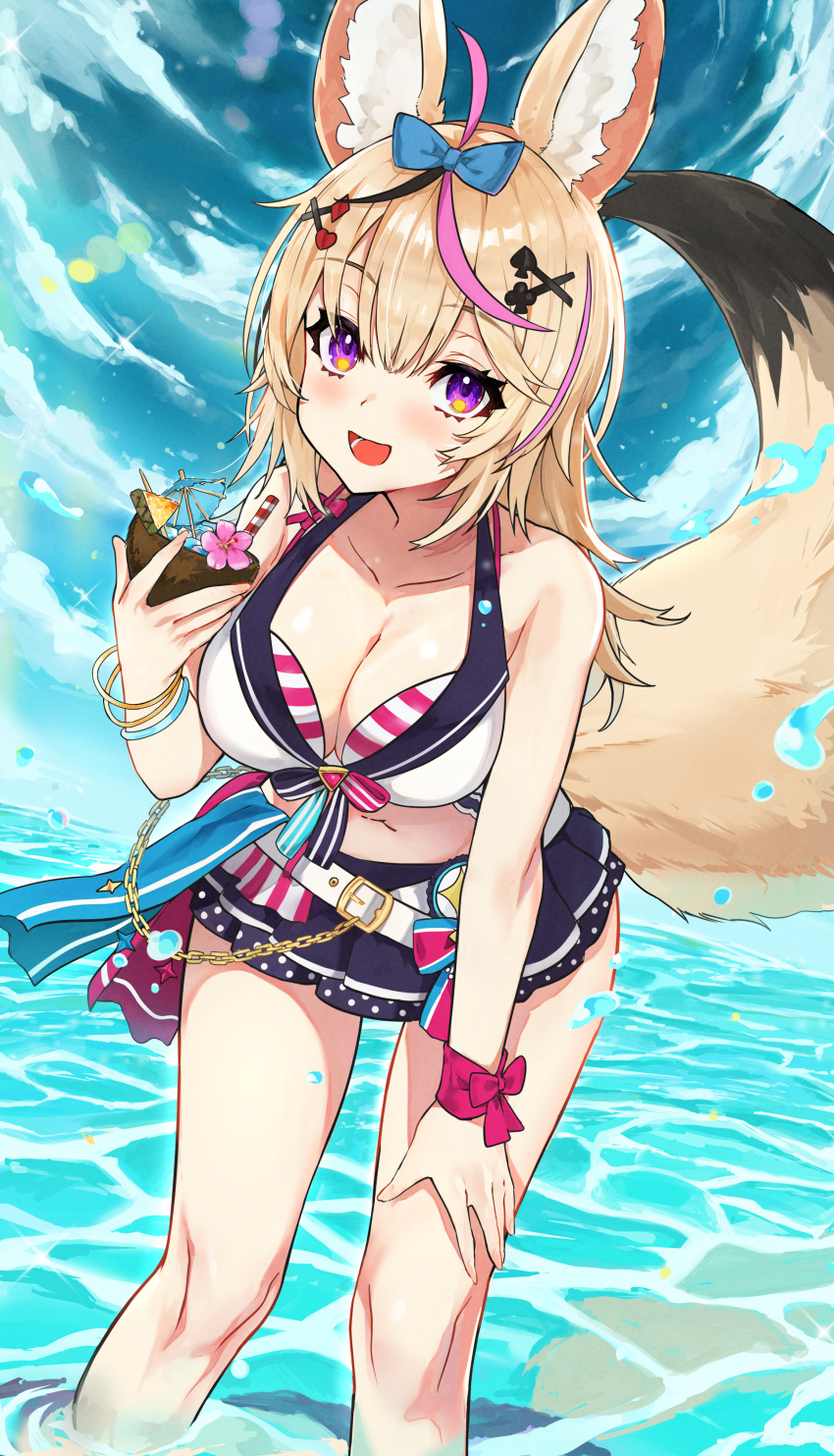 1girl absurdres animal_ears belt bikini bikini_skirt breasts fox_ears front-tie_bikini_top front-tie_top highres hololive hololive_summer_2023_swimsuit layered_bikini minus_zero multicolored_hair navel ocean omaru_polka streaked_hair striped striped_bikini swimsuit thighs two-tone_bikini virtual_youtuber white_belt