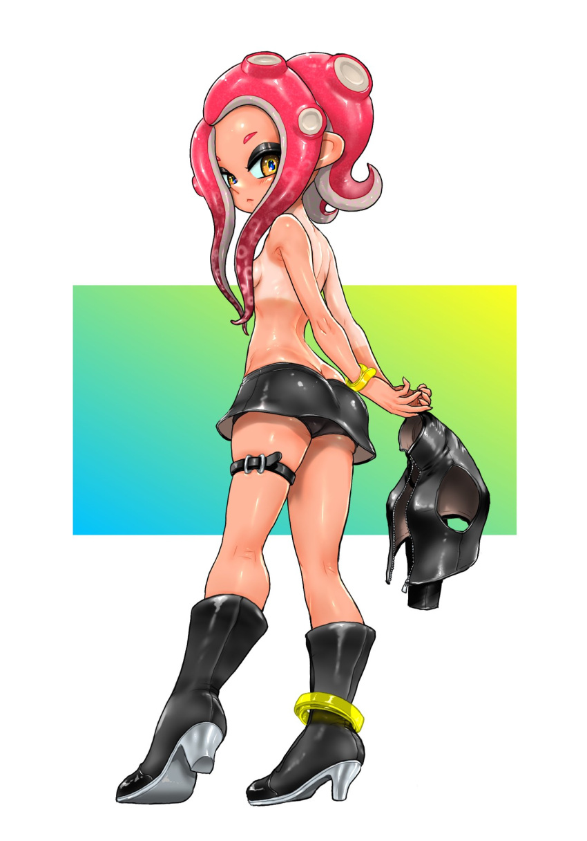 1girl agent_8_(splatoon) anklet arms_behind_back ass black_footwear black_skirt boots bracelet breasts brown_eyes butt_crack clothes_removed high_heel_boots high_heels highres jewelry koharu2.5 looking_back miniskirt no_bra octoling octoling_girl panties pantyshot shirt_removed sideboob skirt solo splatoon_(series) splatoon_2 splatoon_2:_octo_expansion suction_cups tan tanlines tentacle_hair thighlet topless underwear