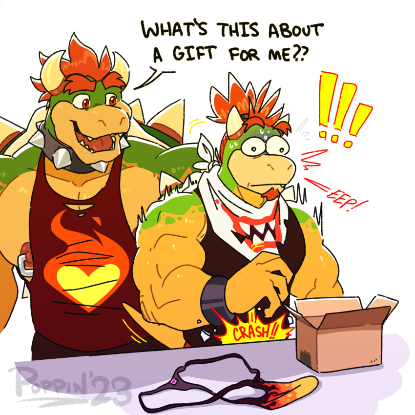 1:1 bowser bowser_jr. box clothing container duo english_text father_(lore) hi_res koopa male mario_bros nintendo nipple_piercing nipples parent_(lore) piercing poppin scalie simple_background son_(lore) text thong underwear white_background
