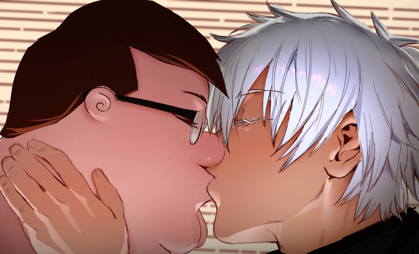 2boys absurdres brown_hair cleft_chin closed_eyes family_guy fat fat_man glasses gojou_satoru highres jujutsu_kaisen kiss kowai_(iamkowai) male_focus multiple_boys multiple_girls peter_griffin short_hair very_short_hair white_hair yaoi