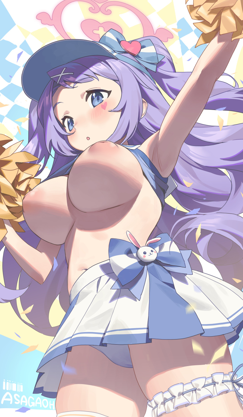 1girl :o absurdres airseal arm_up armpits blue_archive blue_eyes blue_headwear blue_shirt blush bow breasts breasts_out cheerleader clothes_lift commentary_request crop_top facial_mark from_below hair_ornament halo hanae_(blue_archive) hanae_(cheer_squad)_(blue_archive) heart_halo heart_stickers highres holding holding_pom_poms inverted_nipples large_breasts looking_ahead midriff miniskirt navel nipples official_alternate_costume official_alternate_hairstyle open_mouth panties pantyshot pink_halo pleated_skirt pom_pom_(cheerleading) purple_hair purple_panties sailor_collar sailor_shirt shirt shirt_lift shortstack skindentation skirt sleeveless sleeveless_shirt solo sticker_on_face swept_bangs thick_thighs thigh_strap thighs two_side_up underwear visor_cap waist_bow white_sailor_collar white_skirt x_hair_ornament