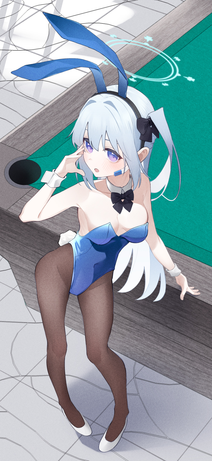 1girl absurdres alternate_costume animal_ears anohito401 armpits bare_shoulders billiards black_bow black_bowtie black_pantyhose blue_archive blue_hair blue_halo blue_leotard blush bow bowtie breasts collar contrapposto detached_collar earpiece fake_animal_ears full_body hair_intakes halo hand_on_table hand_up high_heels highleg highleg_leotard highres leotard light_blue_hair medium_breasts miyako_(blue_archive) one_side_up open_mouth pantyhose purple_eyes rabbit_ears rabbit_tail standing strapless strapless_leotard tail white_collar white_footwear white_wrist_cuffs