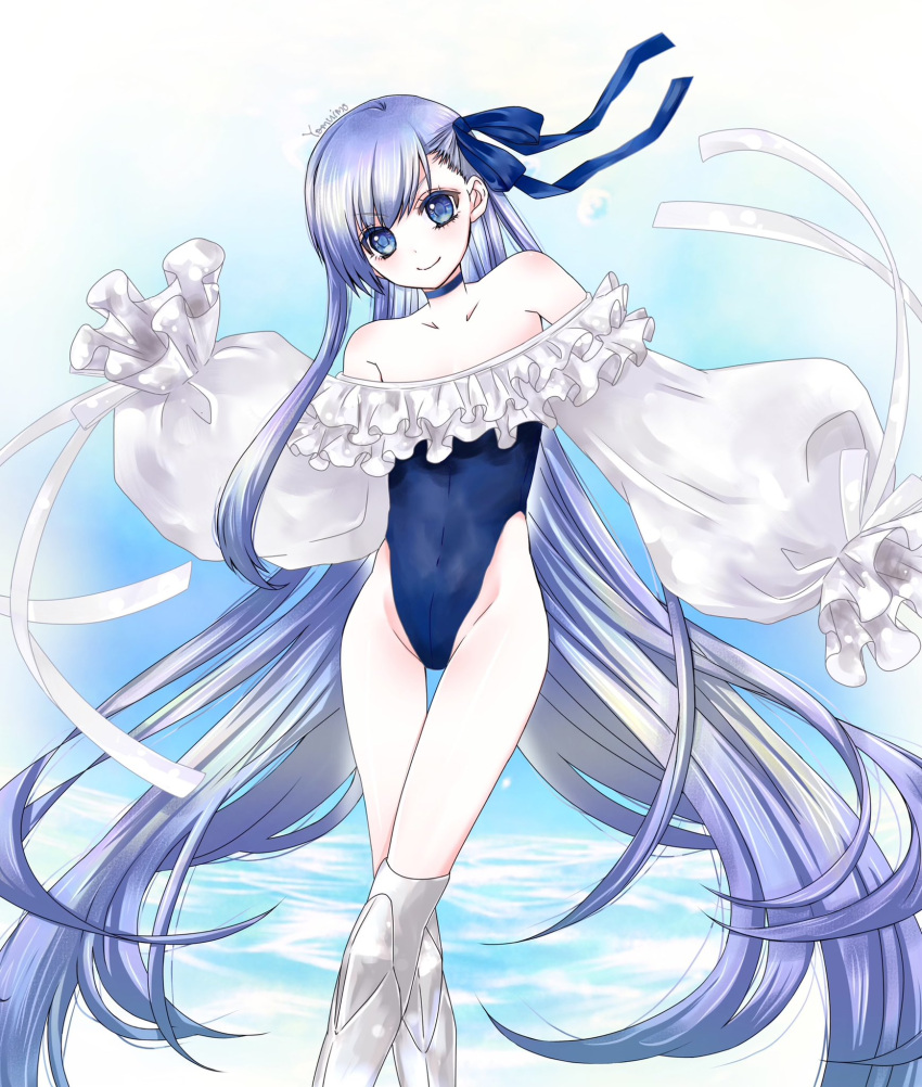 1girl bare_shoulders blue_choker blue_eyes blue_one-piece_swimsuit blue_ribbon blush choker fate/grand_order fate_(series) feet_out_of_frame frilled_one-piece_swimsuit frills hair_ribbon highleg highleg_swimsuit highres long_hair looking_at_viewer meltryllis_(fate) meltryllis_(swimsuit_lancer)_(fate) meltryllis_(swimsuit_lancer)_(second_ascension)_(fate) one-piece_swimsuit prosthesis prosthetic_leg purple_hair ribbon sleeves_past_fingers sleeves_past_wrists smile solo strapless strapless_swimsuit swimsuit thigh_gap very_long_hair yamuimo