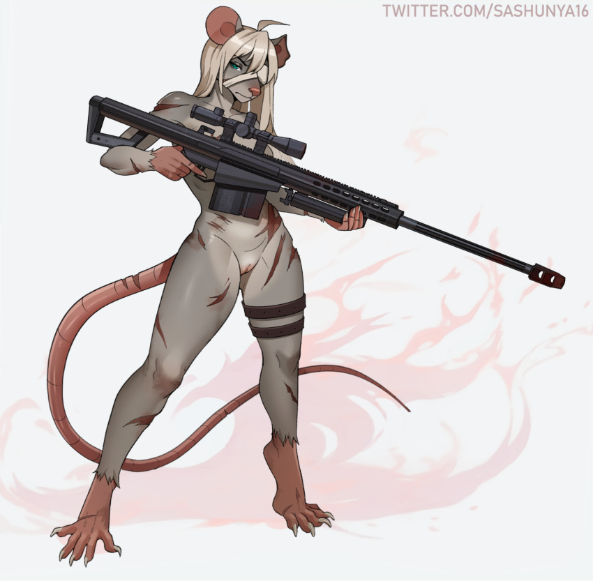 1:1 2023 5_fingers 5_toes anthro digital_media_(artwork) eyebrows feet female fingers genitals hair hi_res holding_object holding_ranged_weapon holding_weapon looking_at_viewer mammal pussy rodent sashunya scar solo text toes url weapon
