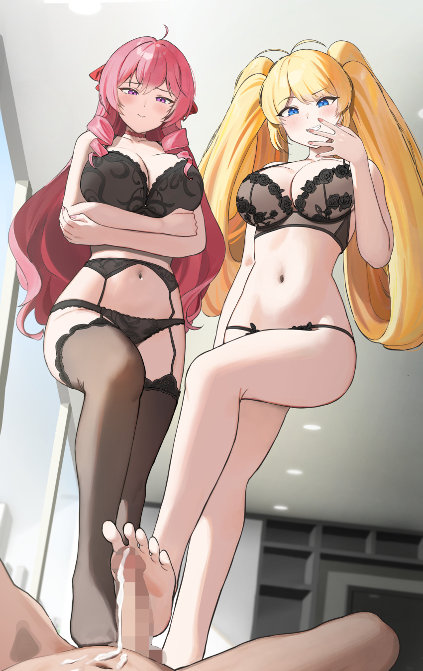 2girls ahoge arms_under_breasts barefoot blonde_hair blue_eyes bra breast_hold breasts bulge character_request cleavage closed_mouth commentary commission copyright_request cum cum_on_self erection feet from_below full_body garter_belt highres indoors lace_trim large_breasts legs long_hair lying multiple_girls naughty_face no_shoes open_clothes open_shirt pink_hair purple_eyes shirt skirt smile standing thighhighs twin_(tt_lsh) underwear underwear_only