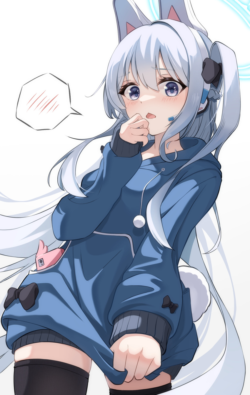 1girl animal_ears black_pantyhose black_ribbon blue_archive blue_eyes blue_hoodie blush cellphone halo headset highres holding holding_clothes hood hoodie long_hair long_sleeves looking_at_viewer microphone miyako_(blue_archive) one_side_up open_mouth pantyhose phone rabbit_ears rabbit_tail ribbon she100legs simple_background smartphone smartphone_case solo speech_bubble standing tail very_long_hair white_background white_hair