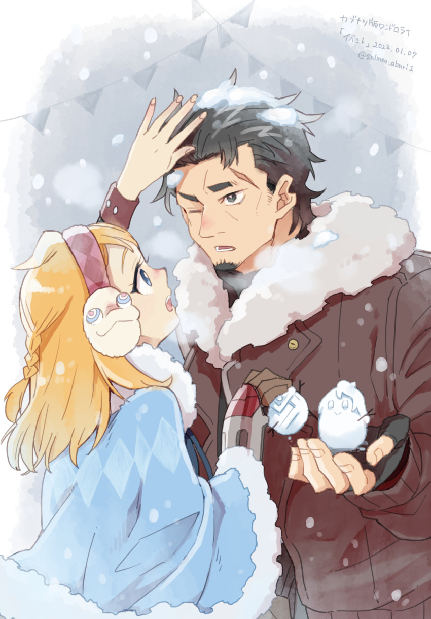 1boy 1girl ;o black_gloves black_hair blonde_hair blue_coat braid brown_coat character_doll character_hair_ornament coat dated decadence_(anime) earmuffs facial_hair fingerless_gloves fur-trimmed_coat fur_trim gloves goatee hair_ornament hand_up highres kaburagi_(decadence) medium_hair natsume_(decadence) one_eye_closed outdoors pipe_(decadence) prosthesis prosthetic_hand salmon_aburi1 scar snowing string_of_flags twitter_username wide_sleeves