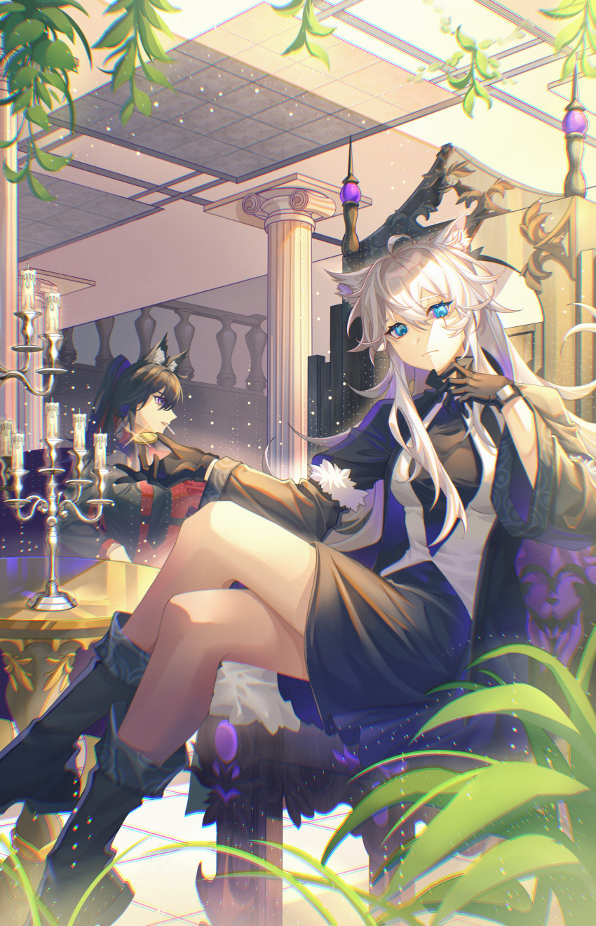 2girls absurdres ahoge animal_ear_fluff animal_ears arknights baozi21215 black_dress black_footwear black_gloves black_hair black_jacket black_necktie blue_eyes boots candelabra candle candlestand chair chinese_commentary cigarette closed_mouth coin colored_inner_hair column commentary_request crossed_legs dress gloves hair_between_eyes highres holding holding_coin indoors jacket lappland_(arknights) lappland_(refined_horrormare)_(arknights) long_hair long_sleeves looking_at_viewer mouth_hold multicolored_hair multiple_girls necktie official_alternate_costume on_chair open_clothes open_jacket pillar ponytail purple_eyes railing red_hair red_shirt scar scar_across_eye shirt sitting table texas_(arknights) texas_(willpower)_(arknights) vest white_hair white_vest wide_sleeves wolf_ears wolf_girl