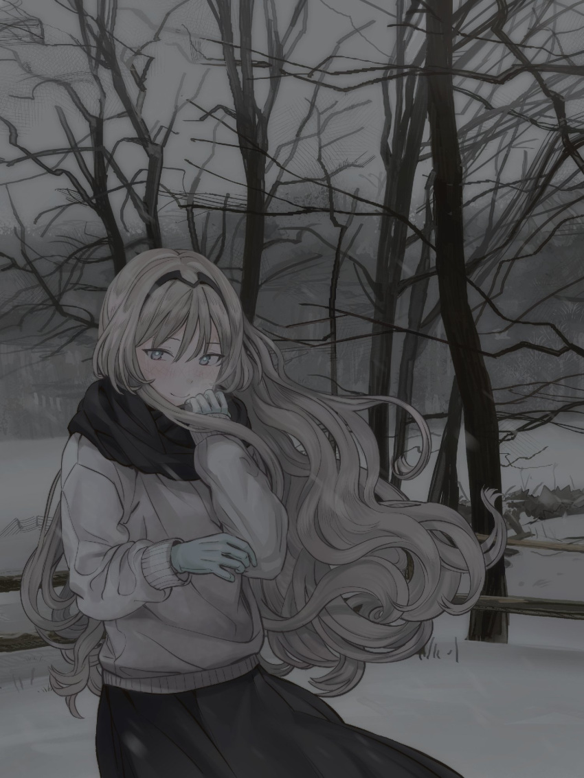 1girl an-94_(girls'_frontline) bare_tree blonde_hair blue_eyes blush breath commission commissioner_upload floating_hair girls'_frontline gloves grey_theme highres long_hair looking_at_viewer outdoors overcast sardine_(feshtail) scarf sky smile snow solo sweater tree winter