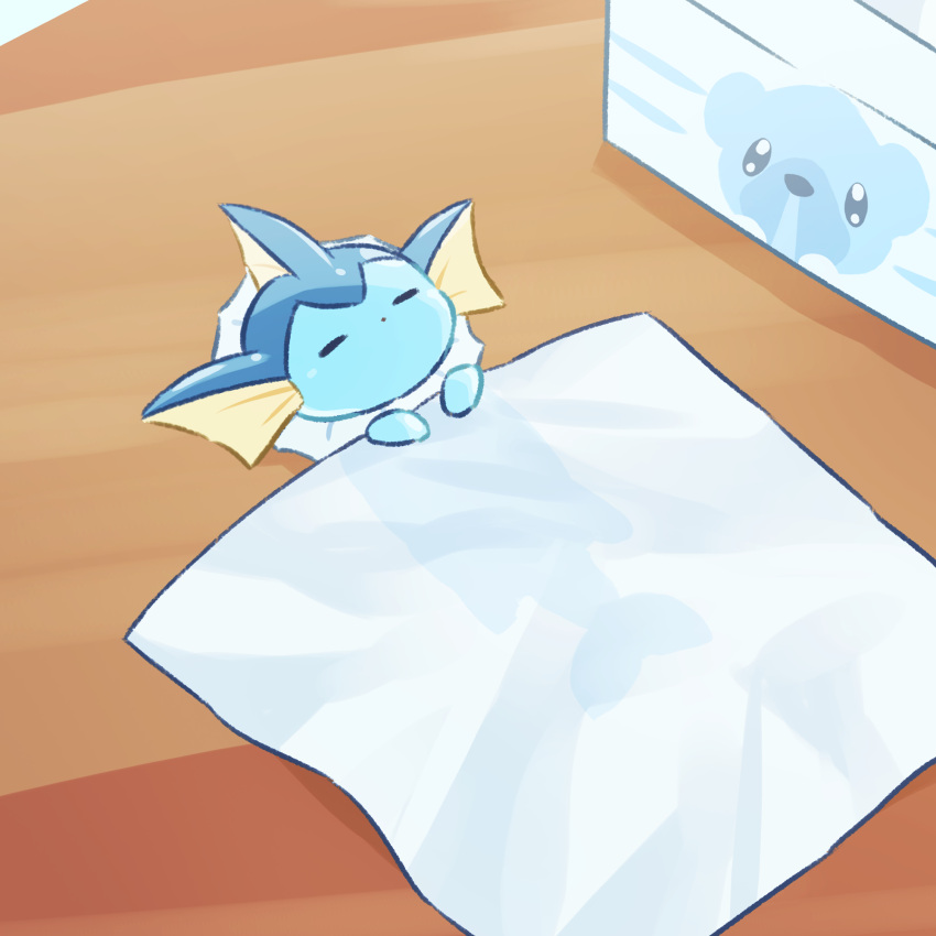 =_= animal_focus blanket box brown_background character_print chibi closed_eyes commentary_request cubchoo from_above highres indoors lying neko_gyoza no_humans no_mouth on_back on_floor partial_commentary pokemon pokemon_(creature) see-through_silhouette sleeping solo vaporeon