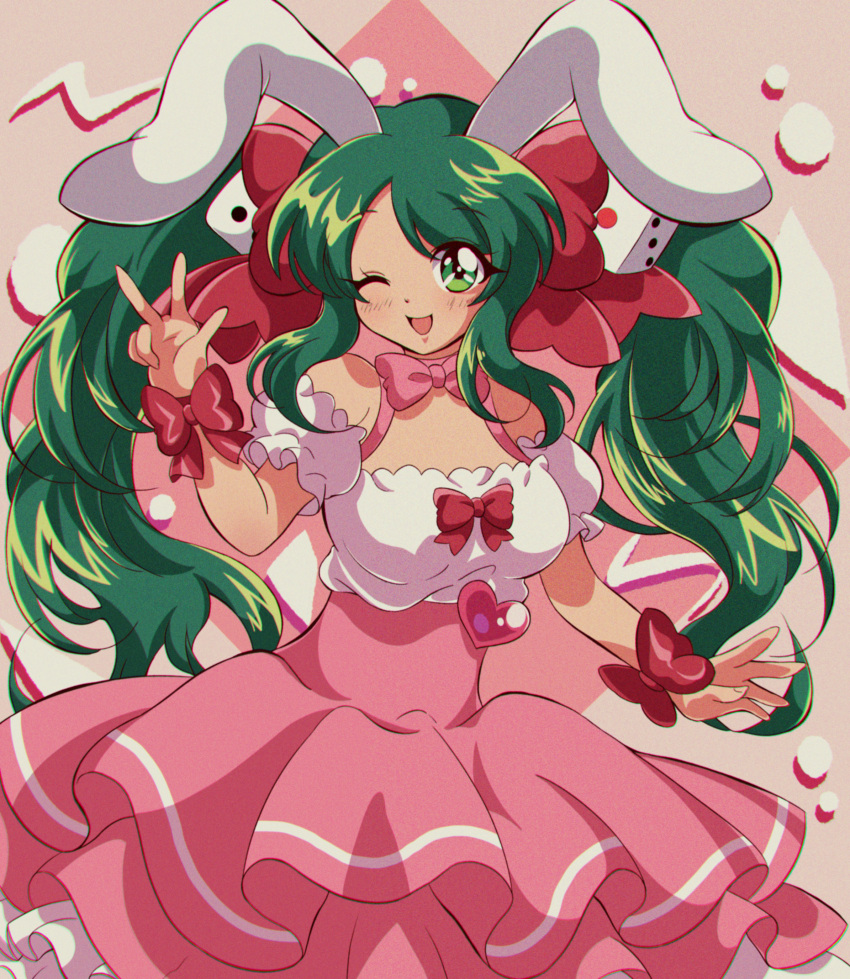 1990s_(style) 1girl absurdres animal_ears blush cosplay d4dj di_gi_charat dress green_eyes green_hair highres long_hair looking_at_viewer multicolored_clothes multicolored_dress one_eye_closed pink_background pink_dress rabbit_ears rabbit_girl retro_artstyle shimizu_esora solo twintails usada_hikaru usada_hikaru_(cosplay) white_dress xion_(sasakishiorin065)