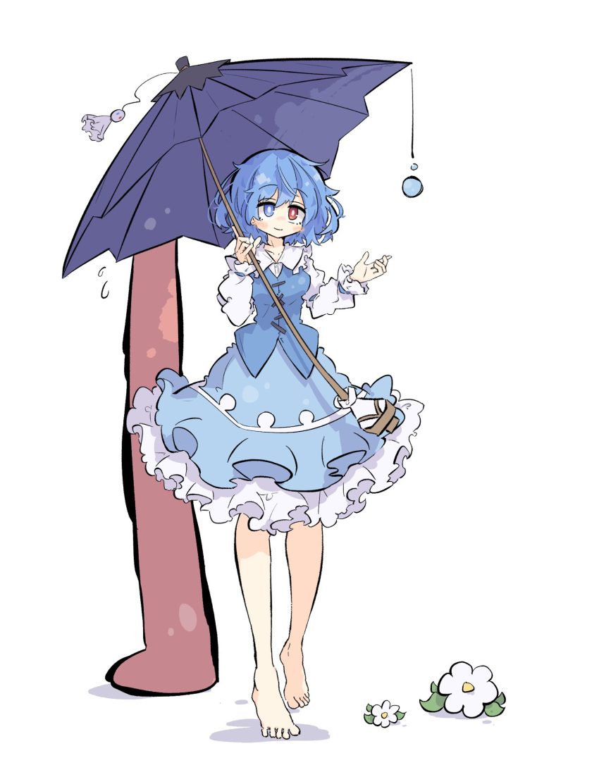 1girl barefoot blue_eyes blue_hair blue_skirt blue_vest bright_pupils flower frilled_skirt frills geta heterochromia highres holding holding_umbrella long_sleeves primsla red_eyes shirt short_hair simple_background skirt smile solo tatara_kogasa teruterubouzu toes tongue touhou umbrella vest white_background white_pupils white_shirt