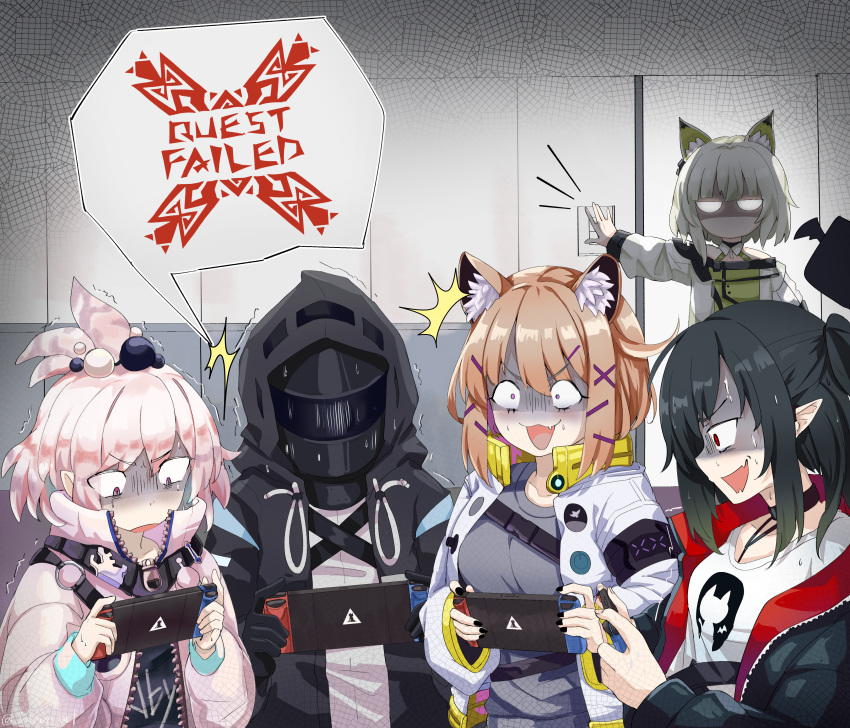 1other 4girls absurdres animal_ear_fluff animal_ears arknights black_hair black_jacket brown_hair cat_ears cat_girl closure_(arknights) collar commentary constricted_pupils doctor_(arknights) handheld_game_console highres holding holding_handheld_game_console indoors jacket kal'tsit_(arknights) kirara_(arknights) monster_hunter_(series) multiple_girls nintendo_switch pink_hair pink_jacket pointy_ears purple_eyes red_eyes rhodes_island_logo shaded_face sleepyowl_(jobkung15) surprised utage_(arknights) white_jacket