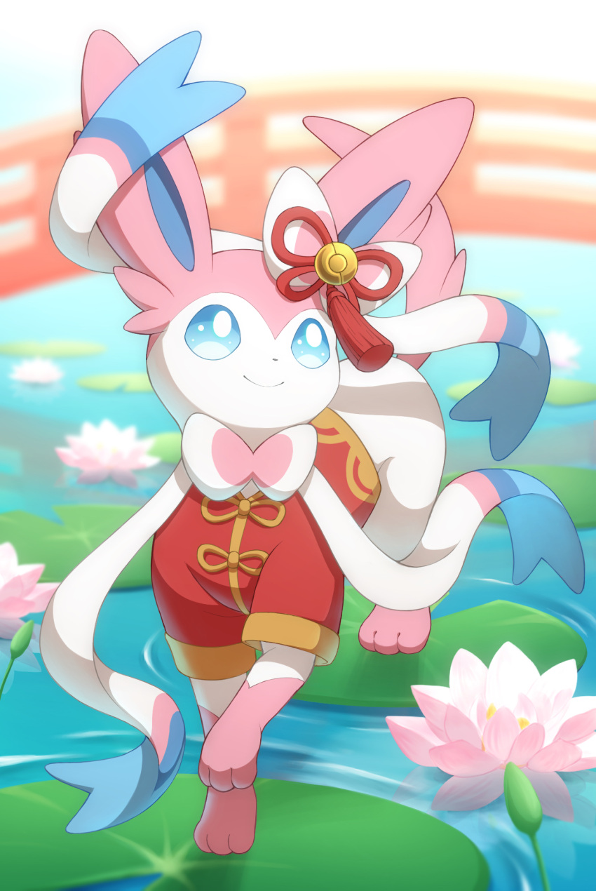 aqua_eyes blurry blurry_background bright_pupils closed_mouth clothed_pokemon commentary_request full_body highres lily_pad looking_up monaka_(hc_pkmn) no_humans pokemon pokemon_(creature) pokemon_(game) pokemon_unite ripples smile solo standing sylveon water white_pupils