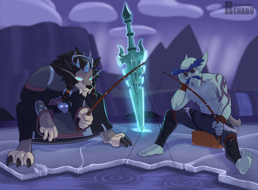 blizzard_entertainment canid duo elf fishing hi_res humanoid ice male mammal melee_weapon night_elf renabu sitting sword warcraft waterfall weapon were werecanid worgen