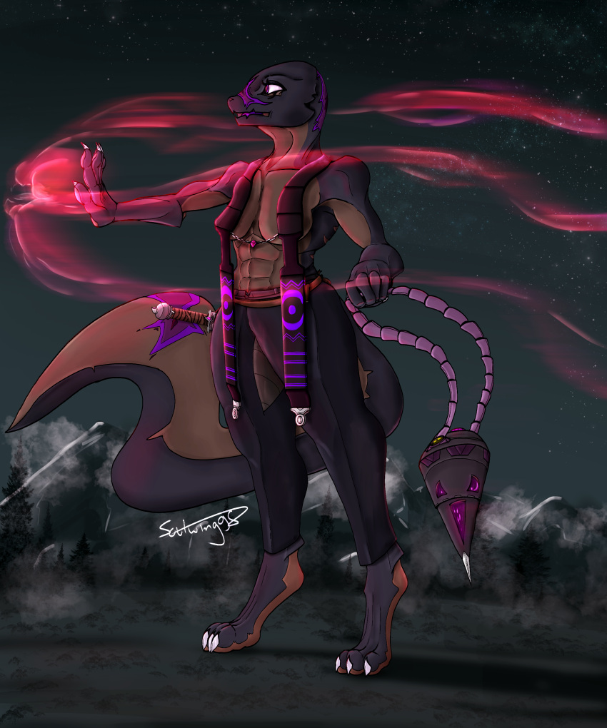 2023 aari_(soulwing98) abs absurd_res blue_body bottomwear breasts cleric clothing dagger fan_character female hi_res lamp lantern lizard magic_user melee_weapon pants purple_eyes purple_scar reptile scalie scar side_boob soulwing98 stole_(clothing) tail thick_tail weapon