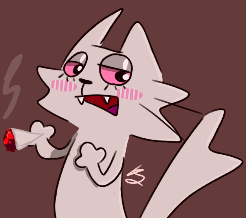 2023 3_fingers anthro blush drugs felid feline female fingers fur kitkiy mammal marijuana open_mouth red_background simple_background smoking_weed solo stoned substance_intoxication white_body white_fur