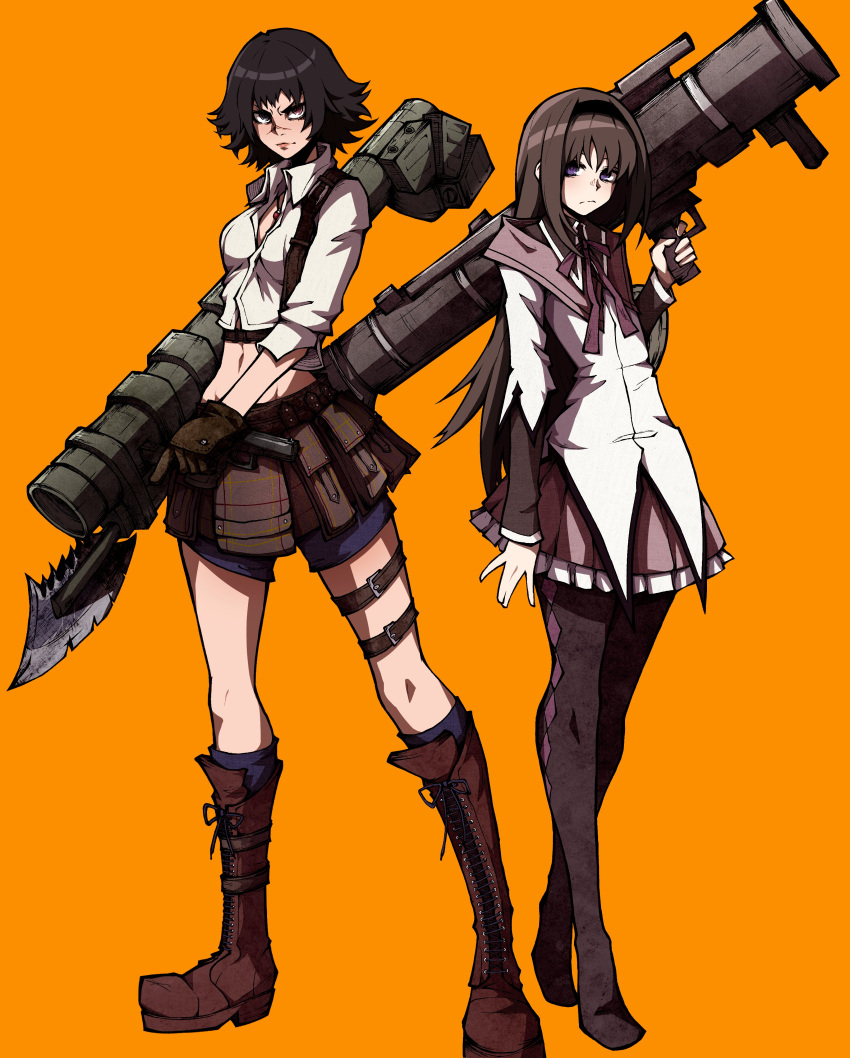 2girls absurdres akemi_homura black_hair blue_eyes boots crossover devil_may_cry_(series) devil_may_cry_3 hairband heterochromia highres holding holding_weapon kekel lady_(devil_may_cry) long_hair long_sleeves looking_at_viewer mahou_shoujo_madoka_magica multiple_girls navel neck_ribbon purple_eyes red_eyes ribbon rocket_launcher shoes short_hair simple_background skirt standing thighhighs weapon