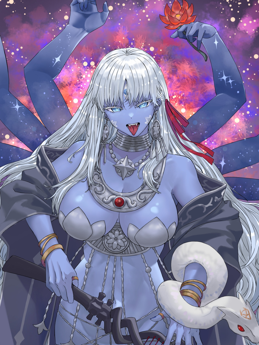 1girl armor bare_shoulders belly_chain bikini_armor blue_eyes blue_skin bracelet breasts cleavage collarbone colored_skin earrings extra_arms fate/grand_order fate_(series) flower hair_ribbon highres jewelry kali_(fate) large_breasts long_hair looking_at_viewer neck_ring necklace niwaikanai open_mouth revealing_clothes ribbon sash snake solo starry_background teeth third_eye thumb_ring tongue tongue_out very_long_hair weapon white_hair