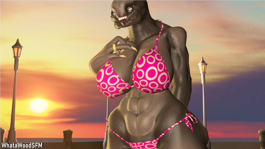 abs alien anthro big_breasts bikini breasts clothed clothing digital_media_(artwork) female halo_(series) lamp looking_at_viewer microsoft ring sangheili smile solo sunset swimwear whatawoodsfm xbox_game_studios