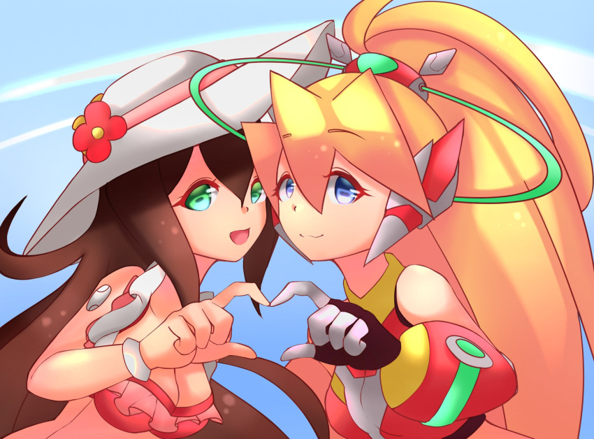 2girls blonde_hair blue_eyes breasts brown_hair ciel_(mega_man) frills green_eyes hat highres iris_(mega_man) lgn_roseta long_hair mega_man_(series) mega_man_x_(series) mega_man_x_dive mega_man_zero multiple_girls official_alternate_costume open_mouth ponytail smile swimsuit