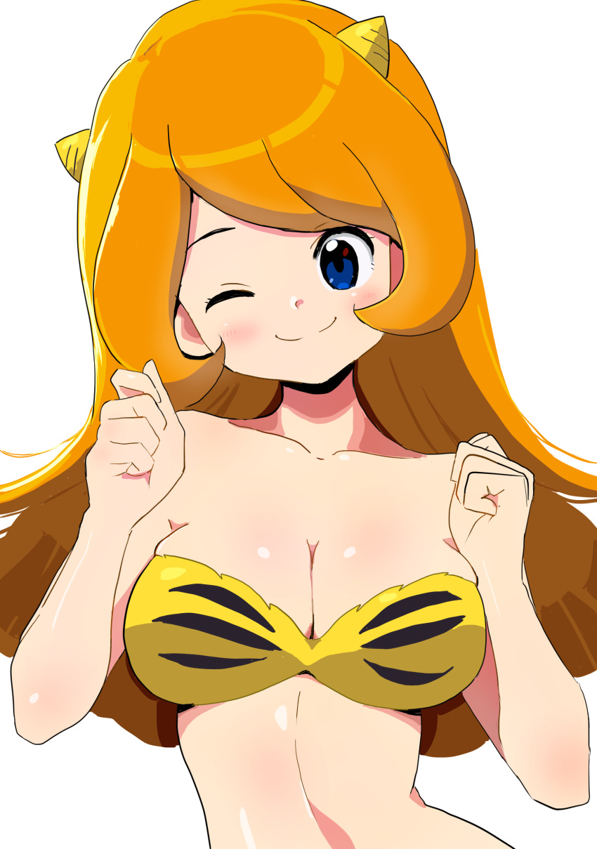 1girl ;) absurdres animal_print bare_shoulders blue_eyes blush breasts cleavage collarbone commentary_request cosplay cropped_torso detesu happy head_tilt highres horns long_hair lum lum_(cosplay) medium_breasts mona_(warioware) navel nintendo one_eye_closed oni_horns orange_hair simple_background smile solo tiger_print upper_body urusei_yatsura warioware white_background