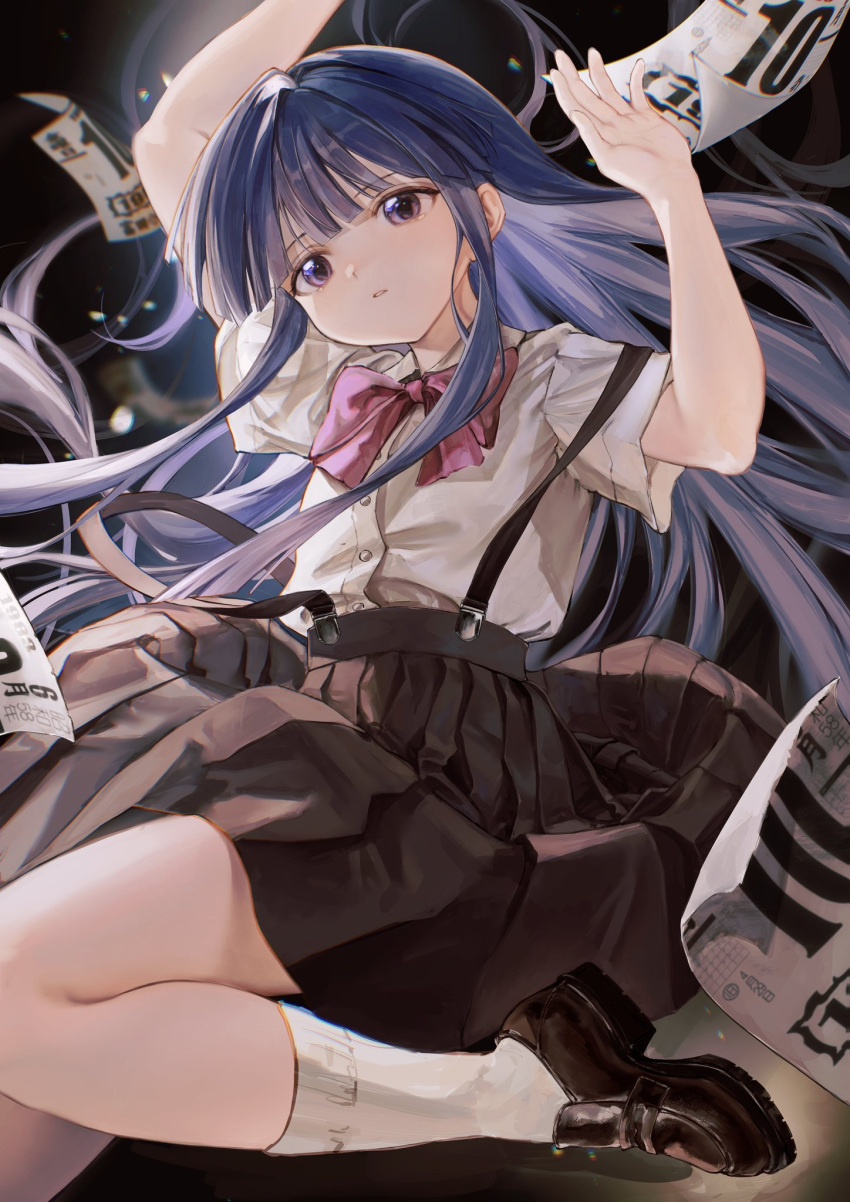 1girl arms_up black_footwear black_skirt blue_hair blurry blurry_background bow bowtie calendar_(object) furude_rika hair_between_eyes highres higurashi_no_naku_koro_ni long_hair moaomao_mo paper parted_lips purple_bow purple_bowtie purple_eyes ribbon shirt short_sleeves skirt solo very_long_hair white_shirt