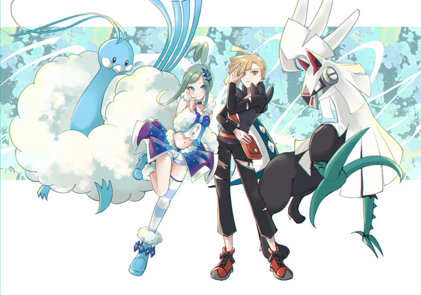 1boy 1girl ahoge arm_warmers black_pants black_shirt blonde_hair blue_footwear blush boots buttons closed_mouth commentary_request ear_piercing fanny_pack gladion_(pokemon) green_eyes green_hair hair_ornament leg_up lisia_(pokemon) looking_at_viewer navel pants piercing pokemon pokemon_(game) pokemon_oras pokemon_sm shirt shoes short_hair shorts shorts_under_skirt sidelocks single_thighhigh skirt smile ssn_(sasa8u9r) thighhighs torn_clothes torn_pants torn_shirt