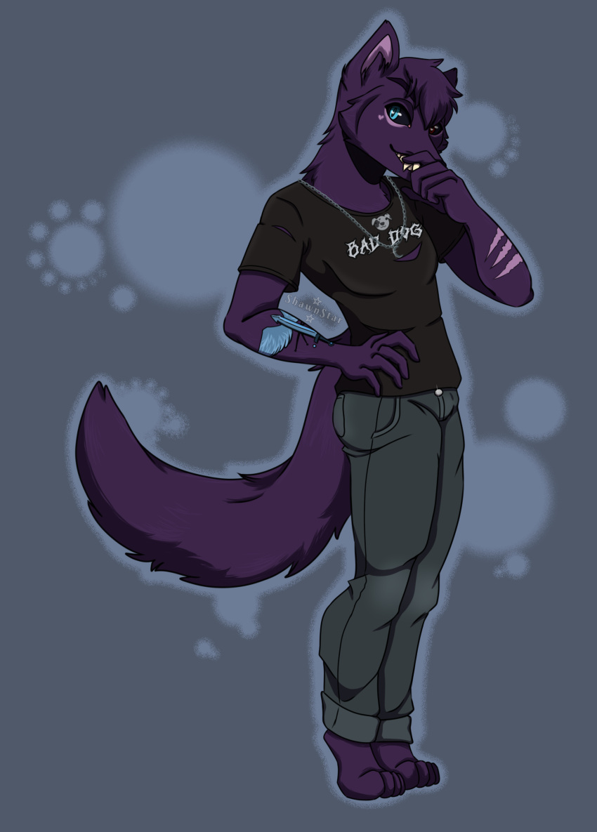 absurd_res anthro arm_tattoo black_sclera blue_eyes bottomwear canid canine canis chain clenched_teeth clothed clothing denim denim_clothing digital_media_(artwork) fur hair heterochromia hi_res jeans looking_at_viewer male mammal pants pink_body pink_fur purple_body purple_fur purple_hair red_eyes scar shawnstar shirt simple_background smile solo solo_focus t-shirt tail tattoo teeth teeth_showing topwear wolf