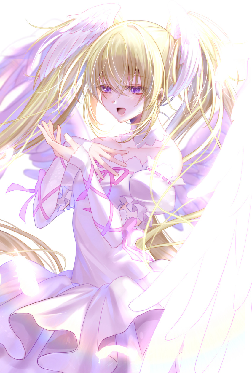 1girl azaka_(rionrita) blonde_hair collar commentary_request cowboy_shot cross-laced_armwear detached_collar dress feathered_wings hand_on_own_chest hands_up head_wings highres hoshina_utau long_hair looking_at_hand off-shoulder_dress off_shoulder open_mouth puffy_short_sleeves puffy_sleeves purple_eyes seraphic_charm short_sleeves shugo_chara! sleeves_past_wrists solo twintails white_collar white_dress white_wings wings