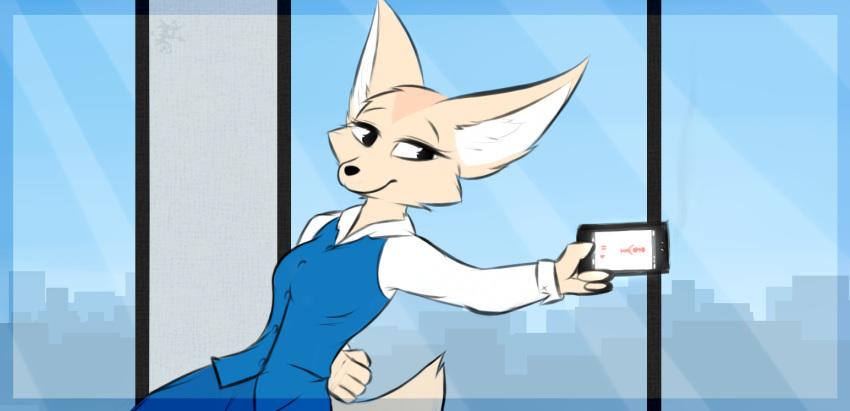 2020 4_fingers aggressive_retsuko anthro big_ears biped black_eyes breasts canid canine cheek_tuft clothed clothing facial_tuft female fennec fenneko fingers fironmaplez_(artist) fluffy fluffy_tail fox hands_behind_back mammal sanrio shirt solo tail topwear tuft