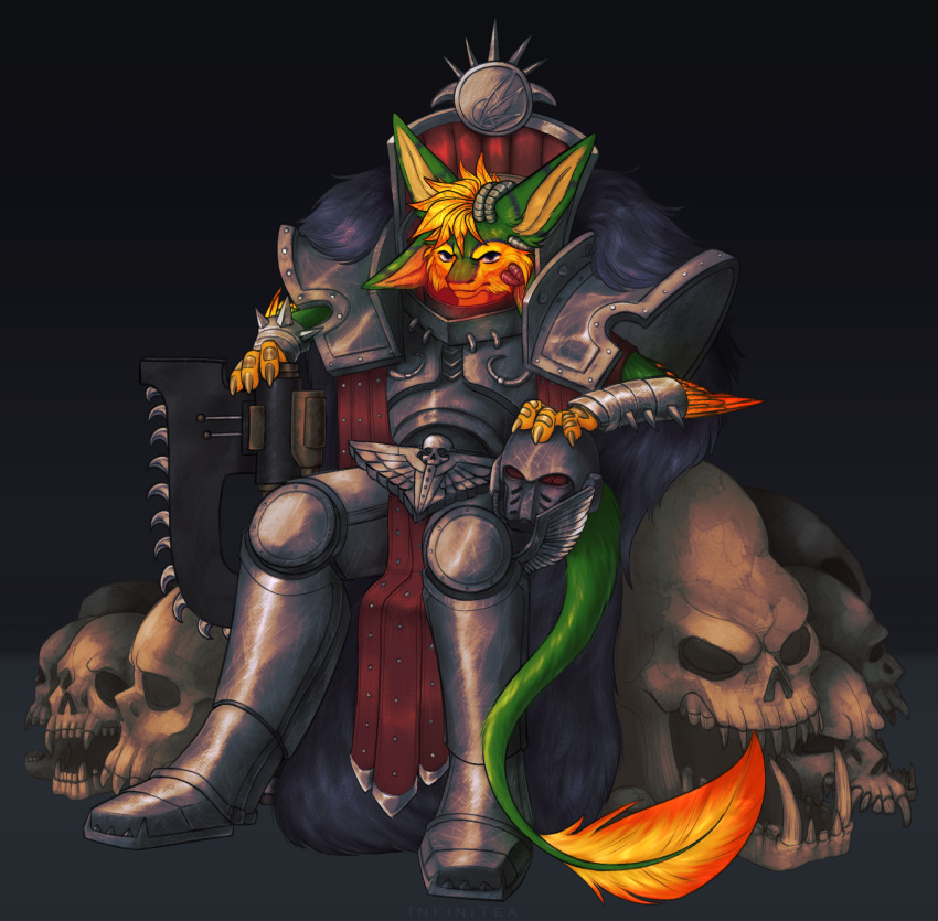 2022 4_ears anthro armor avali axe bone chain_axe chair digital_media_(artwork) feathers furniture green_body green_feathers headgear helmet hi_res male multi_ear orange_body orange_feathers purple_body purple_feathers simple_background sitting skull solo throne tiskanomicon unknown_artist warhammer_(franchise) winged_arms wings yellow_body yellow_feathers