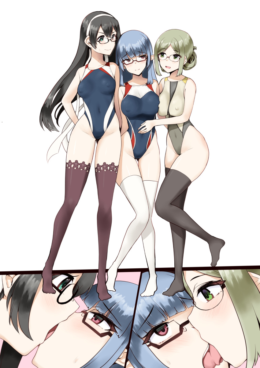 black_hair black_one-piece_swimsuit black_thighhighs blue_eyes blue_hair breasts commentary_request commission competition_swimsuit covered_navel female_admiral_(kancolle) folded_ponytail french_kiss green_eyes highres inset kantai_collection katori_(kancolle) kiss light_brown_hair long_hair medium_breasts minase_(takaoka_nanase) multicolored_clothes multicolored_swimsuit one-piece_swimsuit ooyodo_(kancolle) parted_bangs red-framed_eyewear red_eyes semi-rimless_eyewear skeb_commission small_breasts standing swimsuit thighhighs white_thighhighs yuri