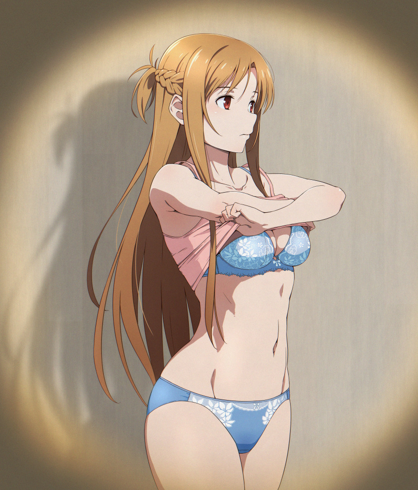 1girl absurdres asuna_(sao) blue_bra blue_panties bra braid breasts brown_eyes brown_hair camisole closed_mouth clothes_lift collarbone commentary feet_out_of_frame french_braid highres lifted_by_self long_hair medium_breasts navel panties pink_camisole pov_peephole puge shadow shirt_lift short_ponytail simple_background solo stomach sword_art_online underwear undressing