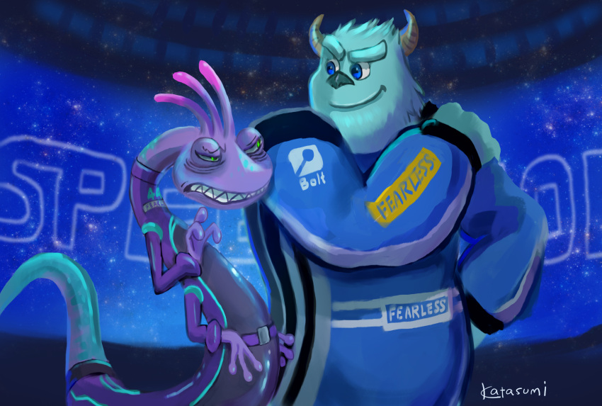 2023 annoyed anthro biped blue_body blue_eyes blue_fur clothed clothing disney disney_speedstorm duo fur gameloft hi_res horn katasum1 male monster monsters_inc multi_arm multi_limb pixar purple_body purple_scales racing_suit randall_boggs scales signature smile smirk sulley