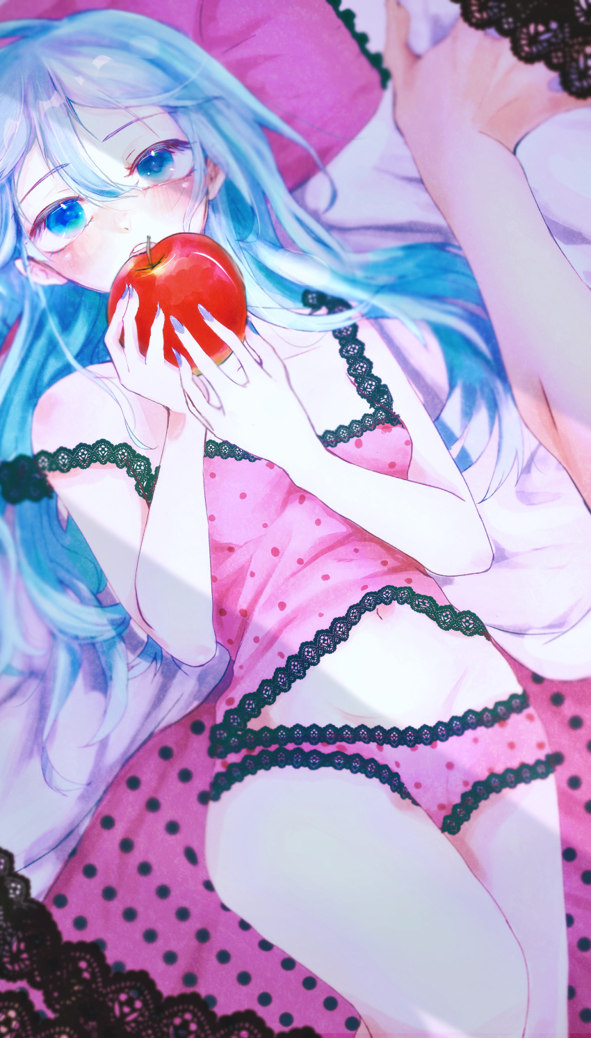 1girl absurdres alternate_hairstyle apple aqua_eyes aqua_hair bare_arms bare_legs bare_shoulders black_ribbon blue_hair blue_nails blush camisole crossed_legs food fruit giriko_choco hair_between_eyes hatsune_miku highres holding holding_food holding_fruit lace-trimmed_camisole lace-trimmed_panties lace_trim long_hair looking_at_viewer lying on_back out_of_frame panties parted_lips pillow pink_camisole polka_dot_camisole red_apple ribbon romeo_to_cinderella_(vocaloid) solo twintails underwear very_long_hair vocaloid