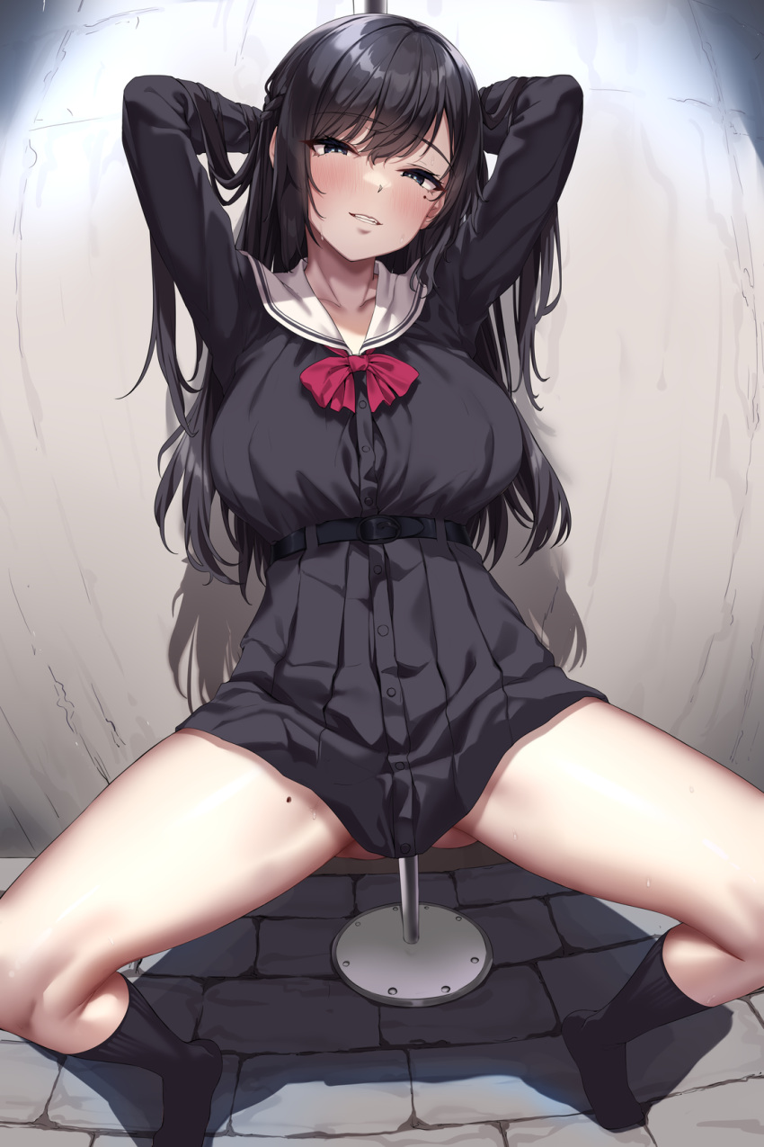 1girl arms_behind_head belt black_belt black_eyes black_hair black_shirt black_skirt black_socks blush bow bowtie breasts clenched_teeth hair_between_eyes highres jack_dempa large_breasts long_hair long_sleeves looking_at_viewer miyamae_shiho_(jack_dempa) mole mole_on_thigh mole_under_eye original red_bow red_bowtie sailor_collar shirt sitting skirt socks solo teeth white_sailor_collar