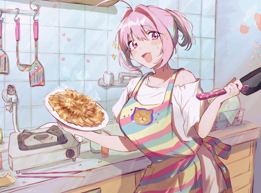 1girl absurdres alternate_hairstyle animal_print apron blue_apron blush breasts cat_print chopsticks diagonal_stripes dumpling fang food hair_between_eyes hamachamu highres holding holding_plate idolmaster idolmaster_cinderella_girls indoors jiaozi kitchen ladle large_breasts leaning_forward looking_at_viewer medium_hair multicolored_apron multicolored_hair open_mouth pink_apron pink_eyes pink_hair plate ponytail shirt short_sleeves single_bare_shoulder skin_fang sparkle_print spatula steam striped striped_apron sweat tile_wall tiles two-tone_hair yellow_apron yumemi_riamu