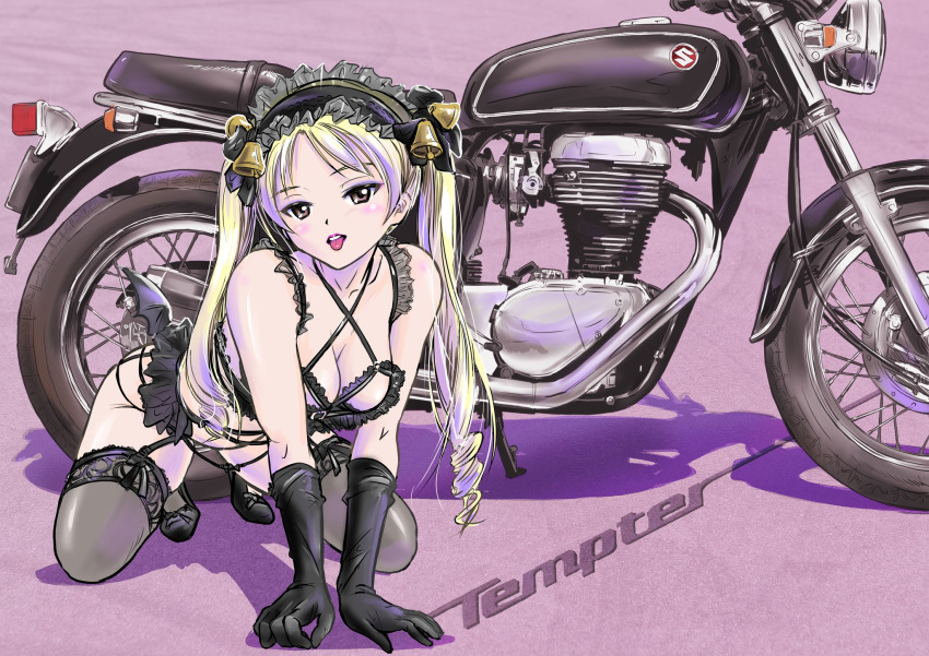 1girl bare_shoulders bell black_gloves black_thighhighs blonde_hair breasts brown_eyes cleavage elbow_gloves garter_straps gloves hair_bell hair_ornament highres looking_at_viewer maid_headdress motor_vehicle motorcycle original purple_background sakuma_masanori solo thighhighs tongue tongue_out twintails