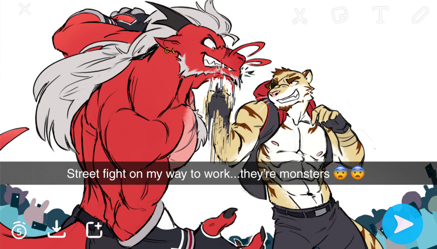 anthro barbel_(anatomy) capte claws clothed clothing countershade_face countershade_torso countershading dragon duo_focus eastern_dragon english_text felid fight fingers flesh_whiskers group horn male mammal muscular muscular_anthro muscular_male pantherine red_body tail text tiger