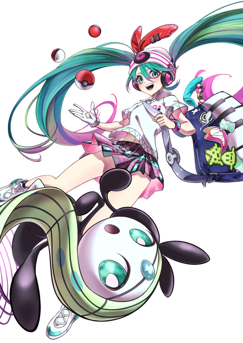 1girl absurdres aqua_eyes aqua_hair bag beanie black_socks collared_shirt commentary gloves hat hatsune_miku headphones highres long_hair meloetta midriff_peek musical_note open_mouth pleated_skirt poke_ball poke_ball_(basic) pokemon pokemon_(creature) project_voltage psychic_miku_(project_voltage) shirt shoulder_bag simple_background single_glove skirt smile socks taiju_(gr09kuma) twintails upside-down very_long_hair vocaloid white_background white_footwear white_gloves white_headwear white_shirt