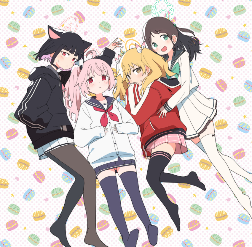 4girls absurdres ahoge airi_(blue_archive) animal_ears black_choker black_hair black_hoodie blonde_hair blue_archive blush bow bowtie brown_eyes cardigan cat_ears choker colored_inner_hair food food-themed_background food-themed_hair_ornament full_body green_bow green_bowtie hair_ornament hair_ribbon hairclip halo hands_in_pocket hands_on_own_stomach heart-shaped_mouth highres hood hood_down hooded_jacket hoodie hug hug_from_behind ice_cream_hair_ornament jacket kazusa_(blue_archive) long_hair luke_(dydansgur) macaron macaron_background miniskirt mint_chocolate multicolored_hair multiple_girls natsu_(blue_archive) neckerchief no_shoes open_mouth pantyhose pink_eyes pink_hair pink_neckerchief pink_skirt pleated_skirt polka_dot polka_dot_background red_eyes red_jacket red_neckerchief ribbon school_uniform serafuku shirt short_hair side_ponytail skirt sleeves_past_wrists star_(symbol) sweatdrop thighhighs track_jacket twintails two-tone_hair white_cardigan white_serafuku white_shirt white_skirt white_thighhighs yoshimi_(blue_archive)
