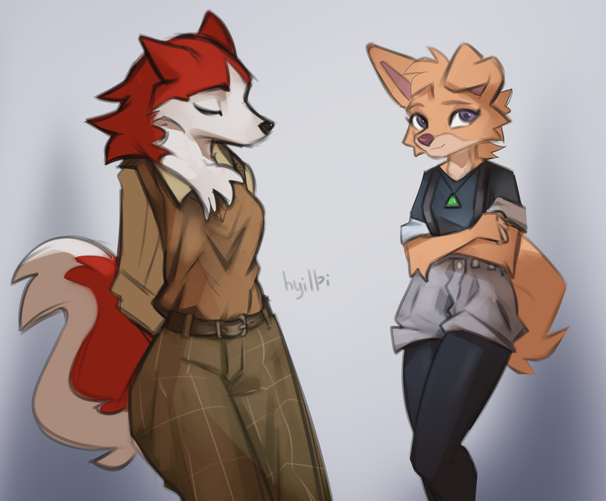 2023 angel_(lady_and_the_tramp) anthro anthrofied artist_name balto_(film) black_nose breasts canid canine canis cheek_tuft chest_tuft clothed clothing digital_media_(artwork) disney domestic_dog duo eyes_closed facial_tuft female floppy_ears fully_clothed fur head_tuft hi_res husky hyilpi jenna_(balto) lady_and_the_tramp looking_at_viewer mammal nordic_sled_dog red_body red_fur spitz tan_body tan_fur tuft universal_studios white_body white_fur