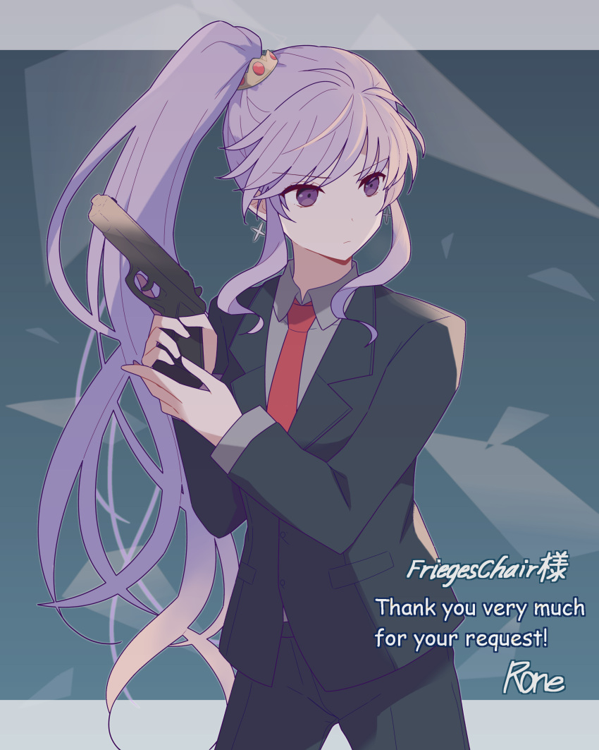 1girl 343rone absurdres commission commissioner_upload fire_emblem fire_emblem:_genealogy_of_the_holy_war gun hair_ornament highres holding holding_gun holding_weapon ishtar_(fire_emblem) jewelry long_hair necktie purple_eyes purple_hair skeb_commission solo suit very_long_hair watermark weapon