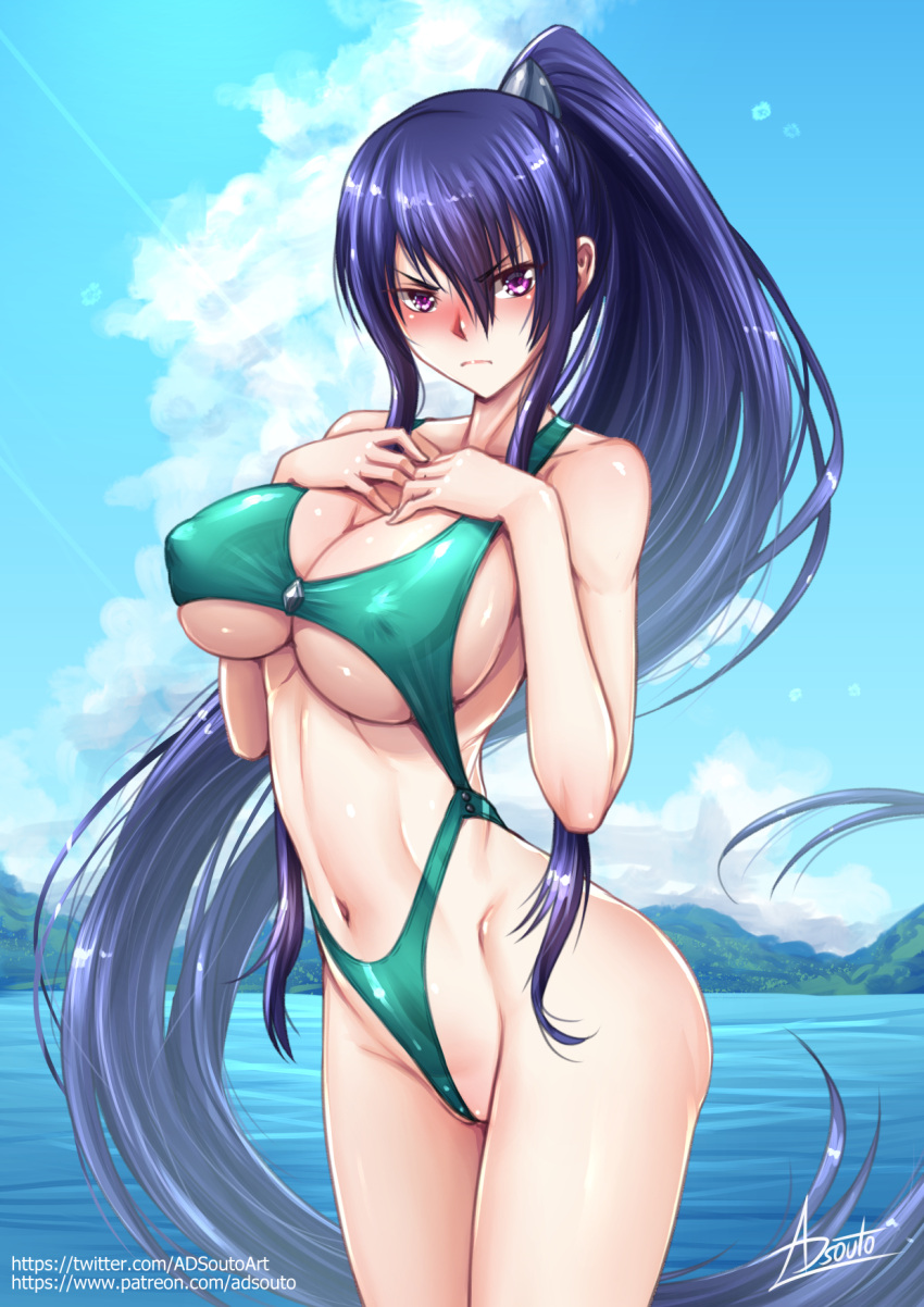 1girl adsouto akiyama_rinko angry blue_hair blush bodysuit breasts cameltoe clothing_cutout hair_between_eyes highres large_breasts long_hair looking_at_viewer navel paid_reward_available patreon_username ponytail purple_bodysuit purple_eyes sidelocks signature slingshot_swimsuit solo swimsuit taimanin_(series) taimanin_yukikaze twitter_username underboob underboob_cutout very_long_hair