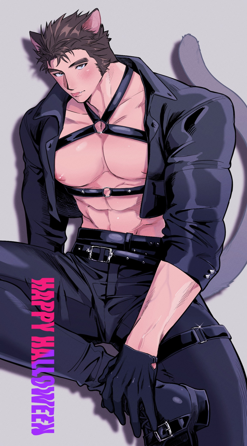 1boy alternate_costume alternate_facial_hair animal_ears bara bare_pectorals belt black_belt black_footwear black_pants black_shirt blush brown_hair buttoned_cuffs buttons cat_boy cat_ears cat_tail chest_harness collared_shirt colored_text commentary cropped_jacket diamond_button doku_(hitori_ox) fang foot_out_of_frame glint gloves happy_halloween harness highres kemonomimi_mode large_pectorals latex leg_belt looking_at_viewer male_focus muscular muscular_male mutton_chops o-ring o-ring_top open_clothes open_shirt pants pectorals protagonist_3_(housamo) sanpaku shirt short_hair sitting solo symbol-only_commentary tail thick_eyebrows tokyo_afterschool_summoners tongue tongue_out