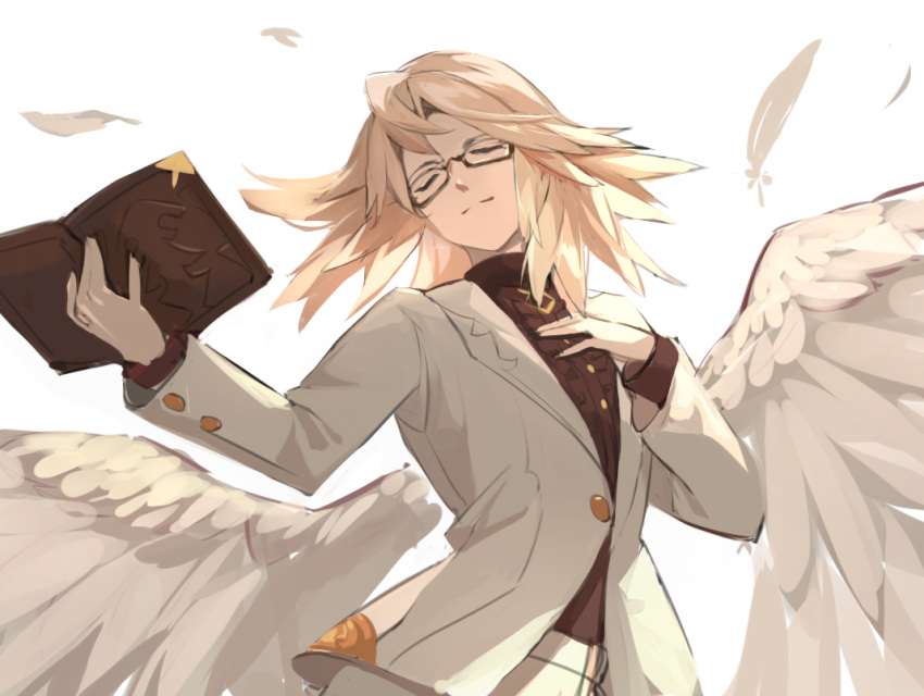 1girl book brown_shirt closed_eyes closed_mouth feathered_wings feathers glasses granblue_fantasy grey_hair hand_on_own_chest holding holding_book jacket long_hair long_sleeves michael_(granblue_fantasy) nos official_alternate_costume open_book pants semi-rimless_eyewear shirt smile solo upper_body white_jacket white_pants wings